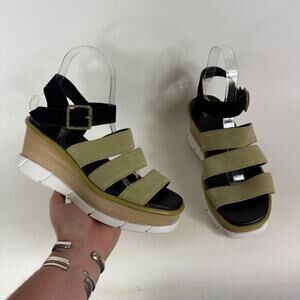 Sorel Joanie III Wedge Sandals Women's 8.5 Olive Green Suede Ankle Strap Buckle